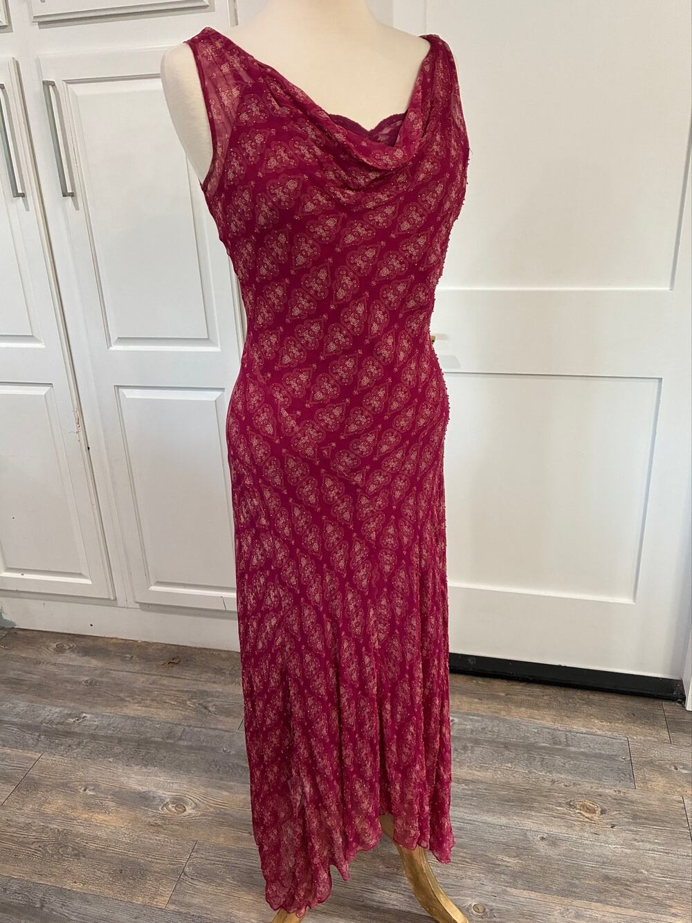 VTG Y2K I.C.E. Silk Beaded Asymmetrical Cowl Neck Dress Pink SZ 8 Fairycore Boho
